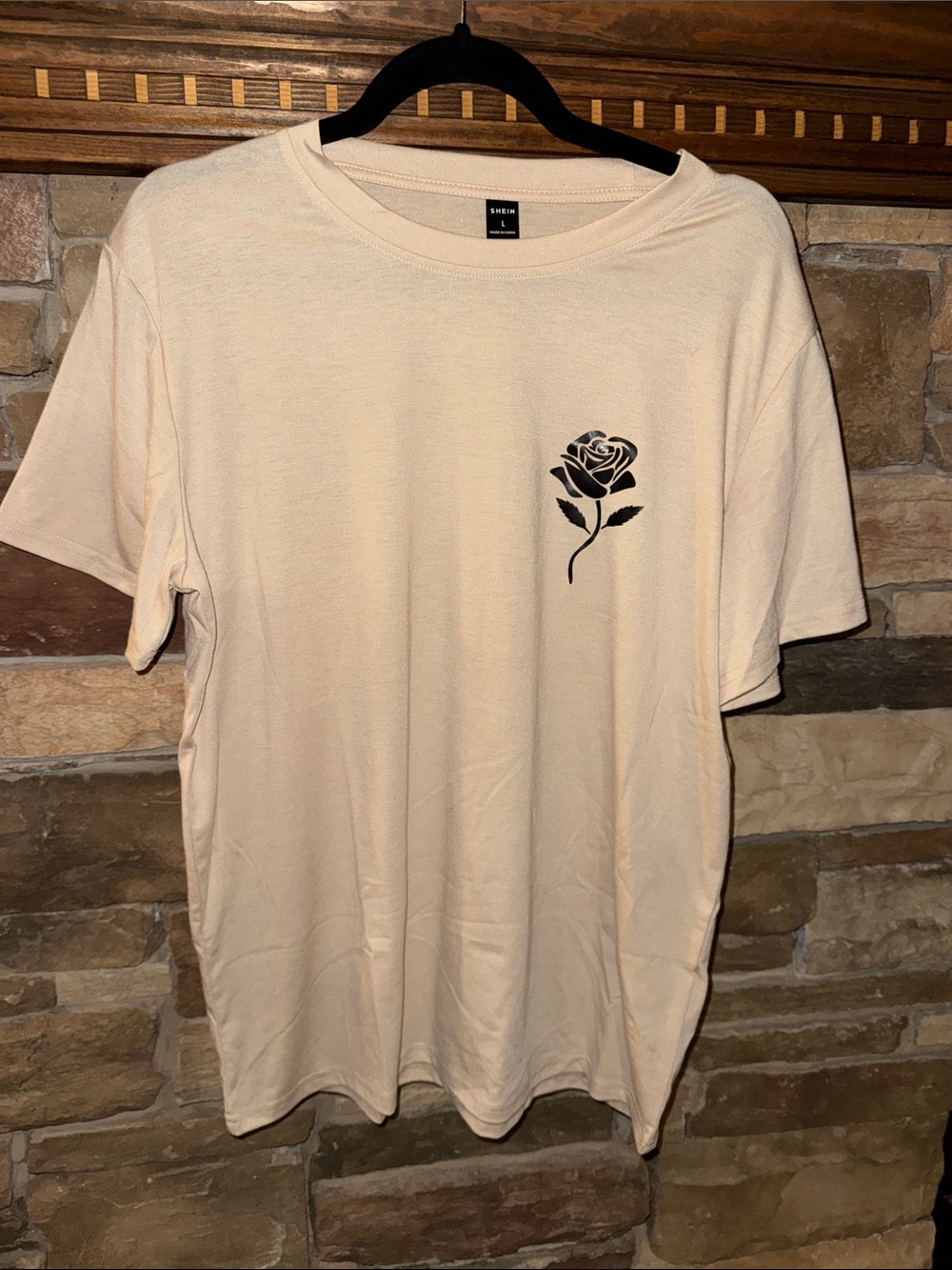 SHEIN Cream Short Sleeve Tee with Black Rose Graphic